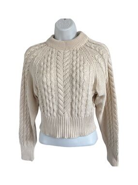 Anthropologie Cream Cable-Knit Mock Neck Sweater Quiet Luxury Fishermen Size S